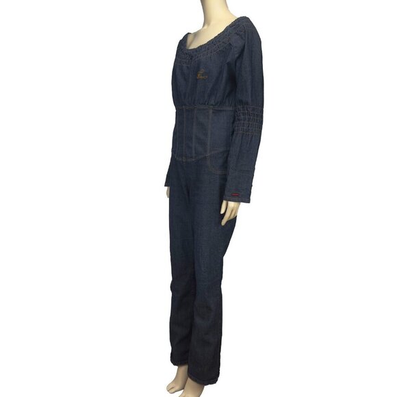 FUBU Denim Corset Waist Puff Off Shoulders Straight leg Stretch Jumpsuit sz XL L - Picture 2 of 11